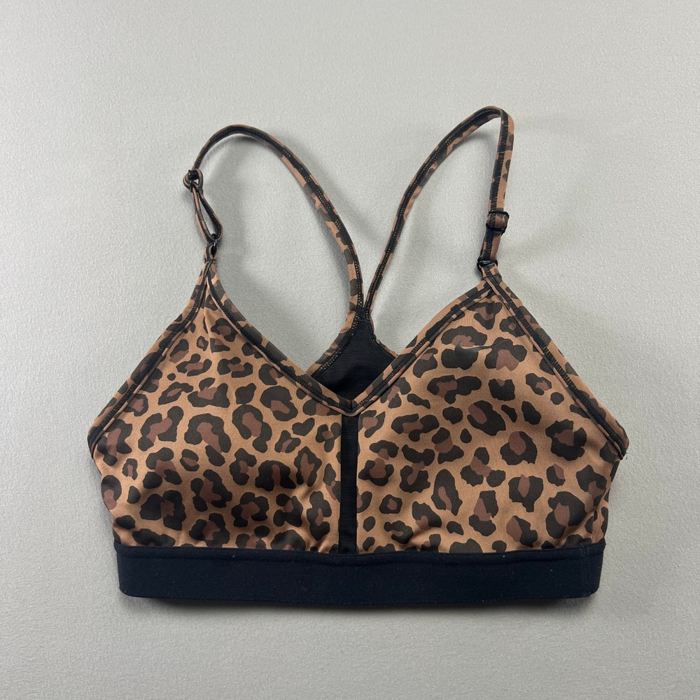 Nike Sports Bra Women's S Brown Black Leopard Print Indy V-Neck Spaghetti Straps